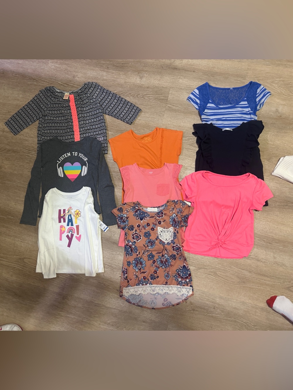 Mixed Girls Tops Bundle - Bright Pink, Orange, Coral, Floral, Navy & Gray BUNDLE